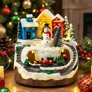 MXwcy Christmas Village House with Moving Train & Music - Lighted Snowman Figurine with 8 Holiday Songs, LED Lights - Resin Collectible Building for Indoor Xmas Decor, Table Centerpiece, Gifts