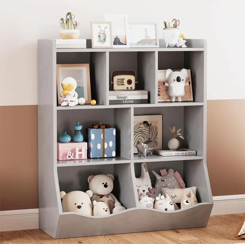GAOMON Grey Toy Storage Cabinet, Three-Tier Kids Bookshelf and Bookcase for Storage Books and Toys, Multi Shelf with Cubby Organizer for Bedroom and Playroom