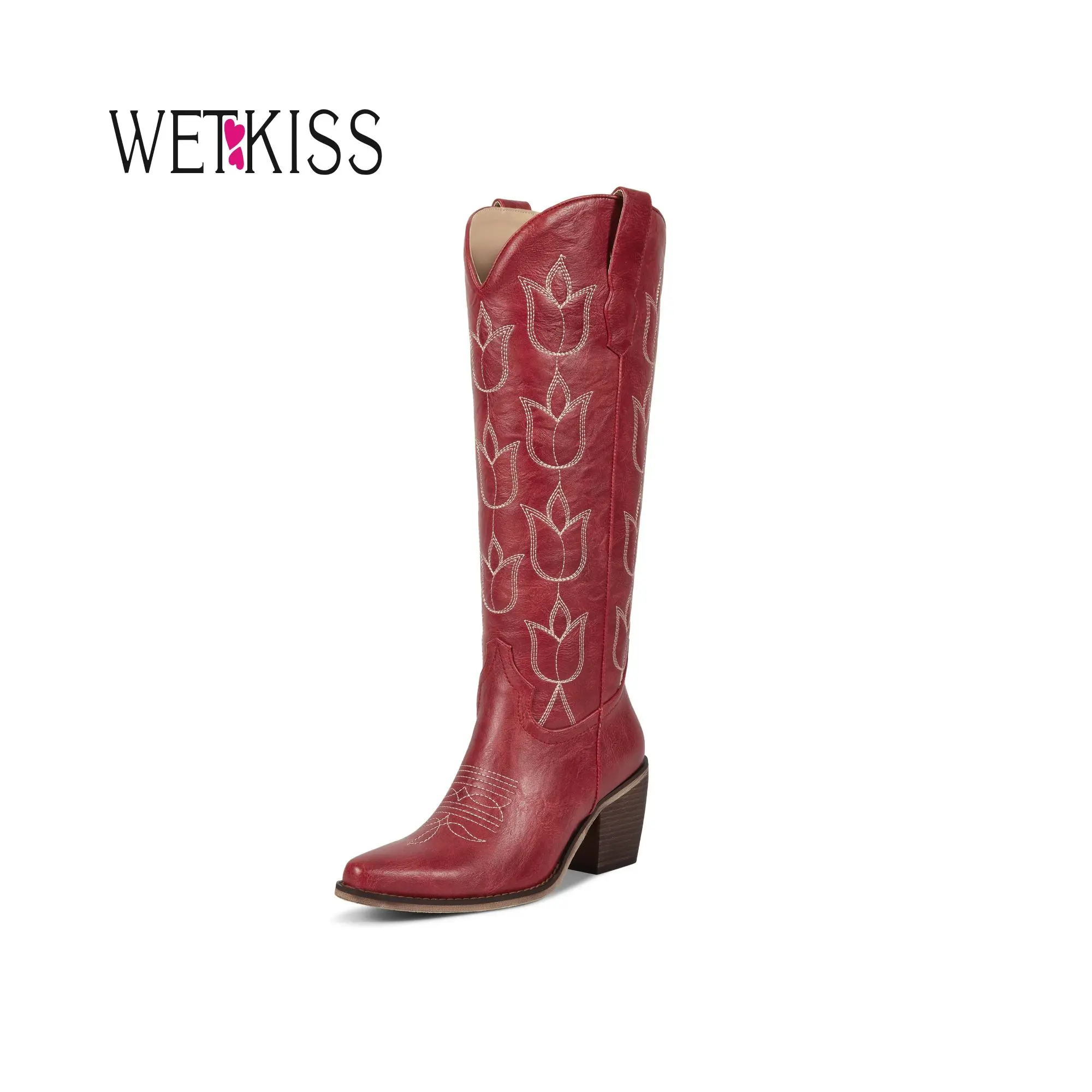 Wetkiss Tulip Embroidered Western Knee High Boots,Premium Durable Upper, 2.72in Block Heel,Retro Red/Brown/Black,All-Season Comfort for Women,Casual Style ,Women's Shoes,Women's Boots #WeeklyDeals#tiktokshopbacktoschool #tiktokshopsummersale