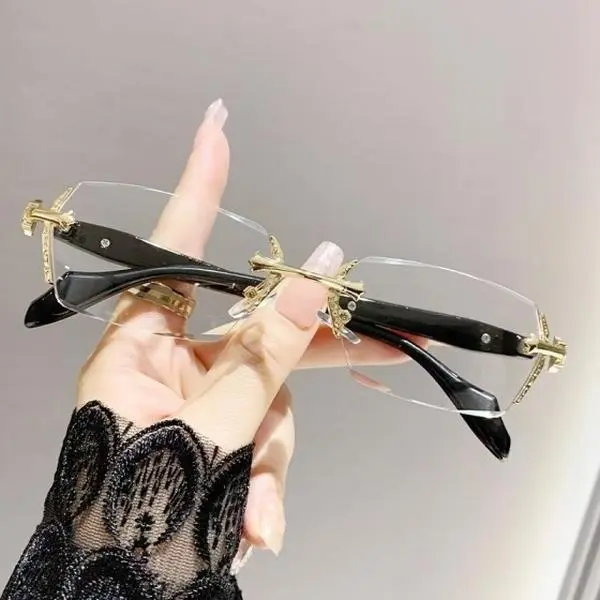 Unisex Wear Blue Light Glasses - 2-PCS Silver Rimless Rectangular Polycarbonate Lens Sunglasses for Women, Lightweight Eyewear with Diamond-Cut Carved Temples, Daily Fashion Accessory