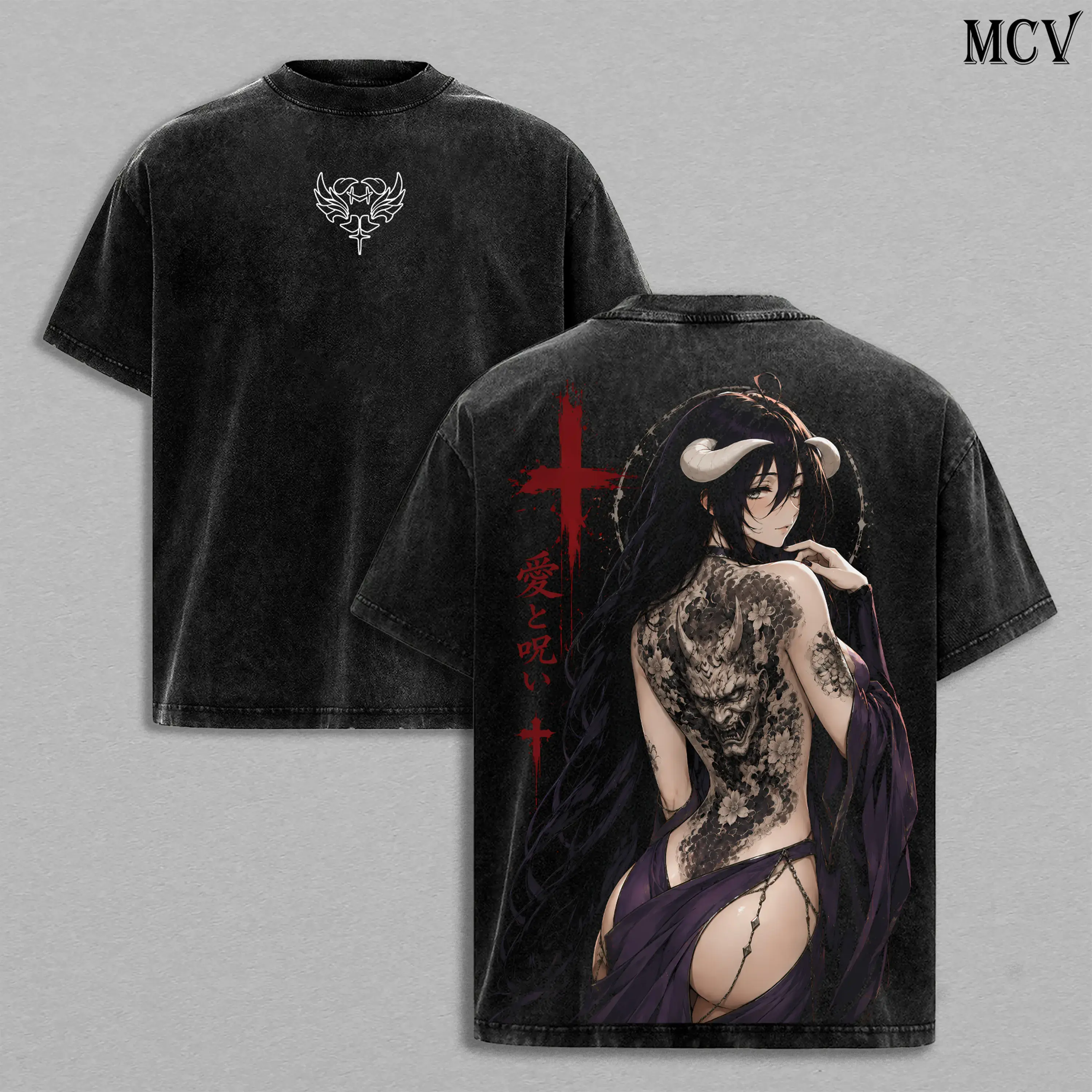 Albedo Overlord Vintage Washed Tee, Albedo Overlord Japanese Irezumi Gothic Blackwork Tattoo Art, Dark Fantasy Succubus Queen Anime Double Printed Washed Tee, Unisex Oversized Manga Heavyweight Cotton T-Shirt