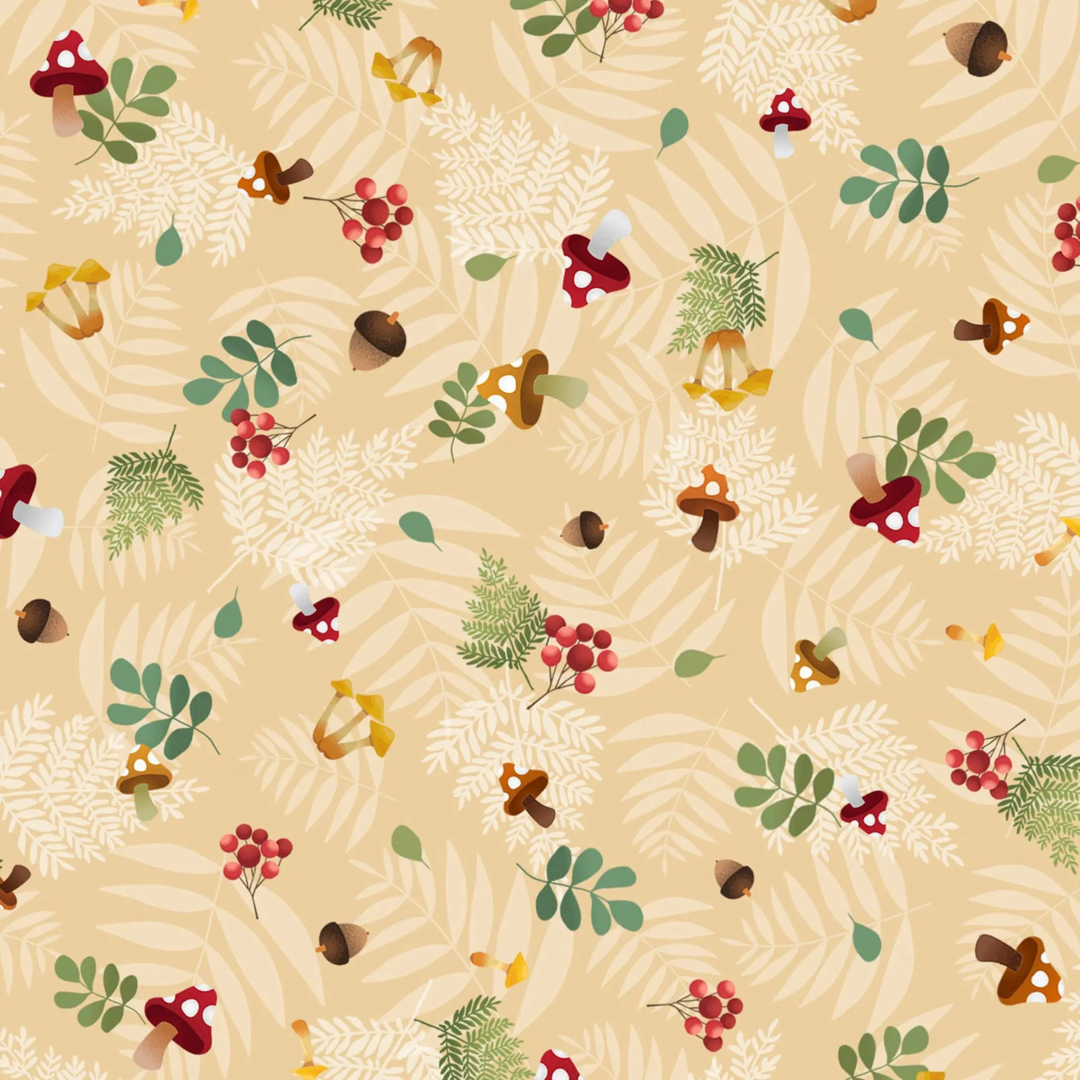 Fablewood Mushroom Tossed Fabric by the Yard | Woodland Cotton Fabric