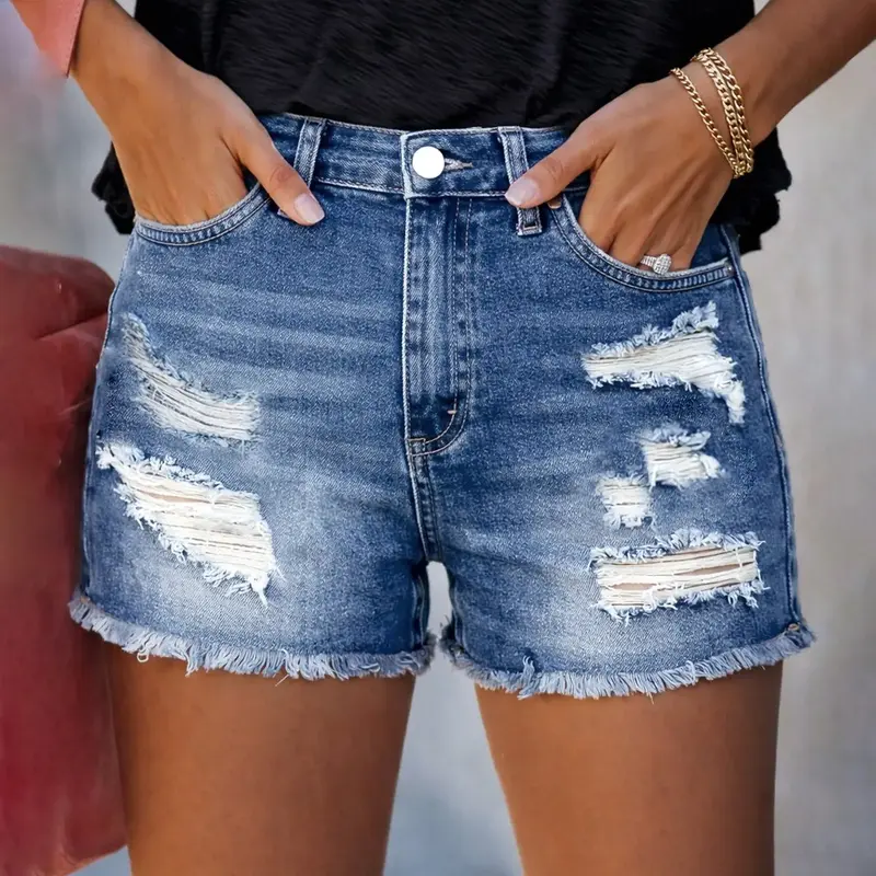Women's Ripped Denim Shorts, Cutoff Shorts, Casual Fashion Pocket Design Short Jeans for Daily Wear, Ladies Bottoms for Summer, Basic Denim Shorts, Frayed Denim Short, Womenswear