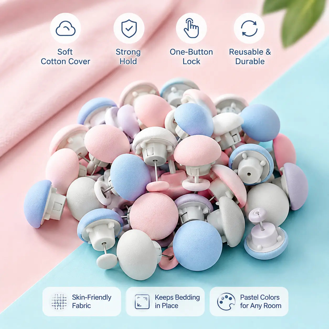 4 Counts Quilt Sheet Fasteners, cotton wrapped one-button unlocking design, to secure duvet and bed sheet from shifting for regular home bedding use
