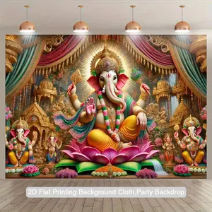 2D Flat, 1pc on for Lotus Photography Backdrop - Indian Lord Krishna Temple Scene with Lotus Flowers, Indian Party Decorations, Backdrop Decoration Indian, Pink Indian Backdrop, Happy Birthday Banner, Birthday Decoration, Pooja Decoration Item Indian