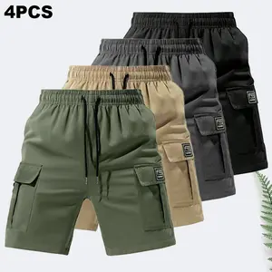 4-pack, 8 color options available, solid-color men’s work shorts, wear-resistant polyester fabric, loose straight fit, multiple pockets, wrinkle-resistant, no ironing needed, versatile casual shorts for all seasons