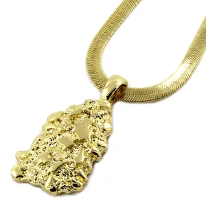 Unisex 14K Gold Plated Nugget Pendant & 4mm 18" 20" 24" Stainless Steel Herringbone Chain Luxury Necklace Gift Daily Birthday Engagement Wedding Anniversary