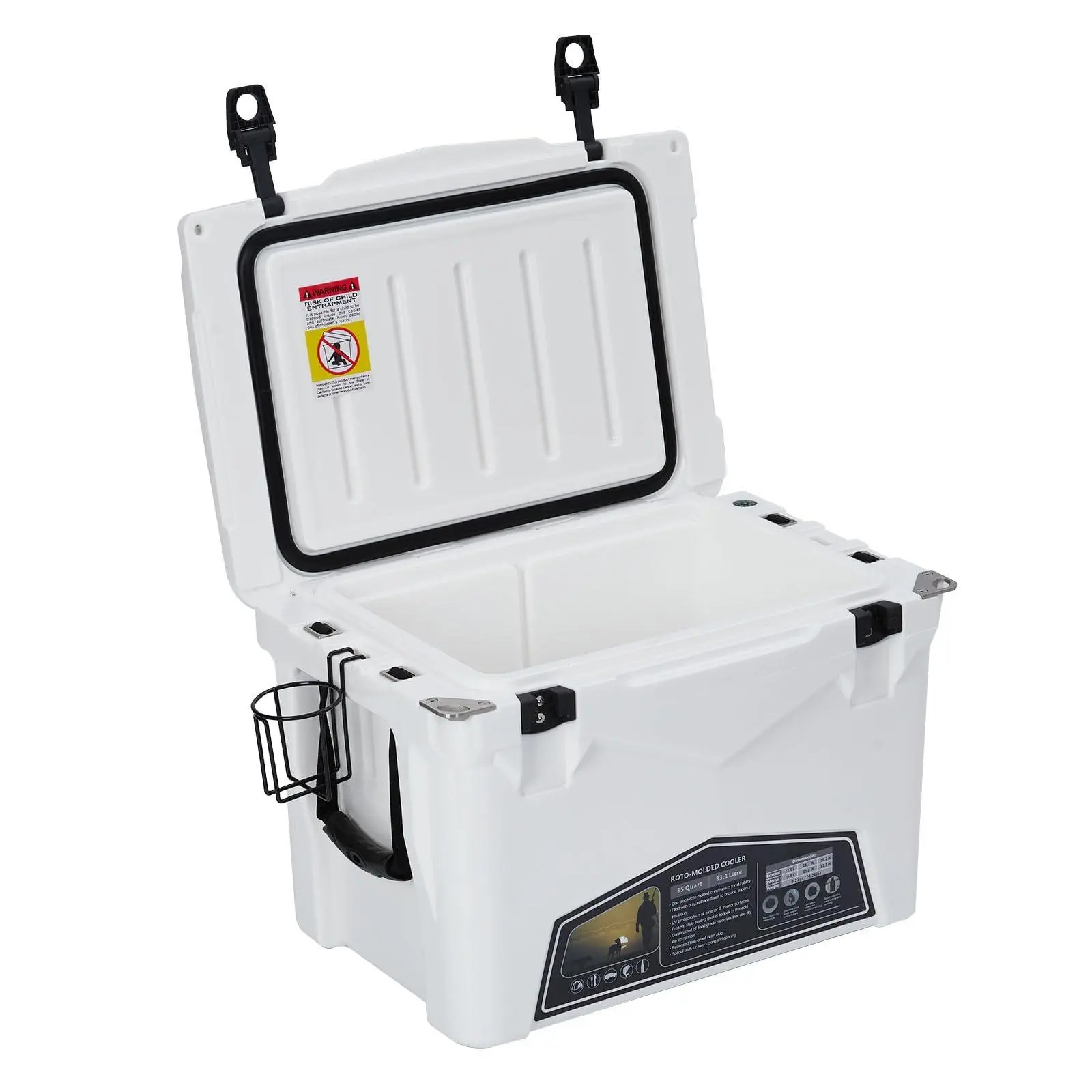 GARVEE 35 Quart Portable Ice Cooler, Heavy Duty Ice Chest with Portable Cup Holder, Fish Ruler, Bottle Openers, Camping Cooler for Beach Boat ,White