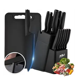 XBJ Premium 15-Piece Stainless Steel Kitchen Knife Set with Built-in Sharpener | Includes Chef Knife, Japanese Knife, Meat Cleaver, Bread Knife, Steak Knives & Scissors | Washable, Plastic Handles | Perfect Gift Set