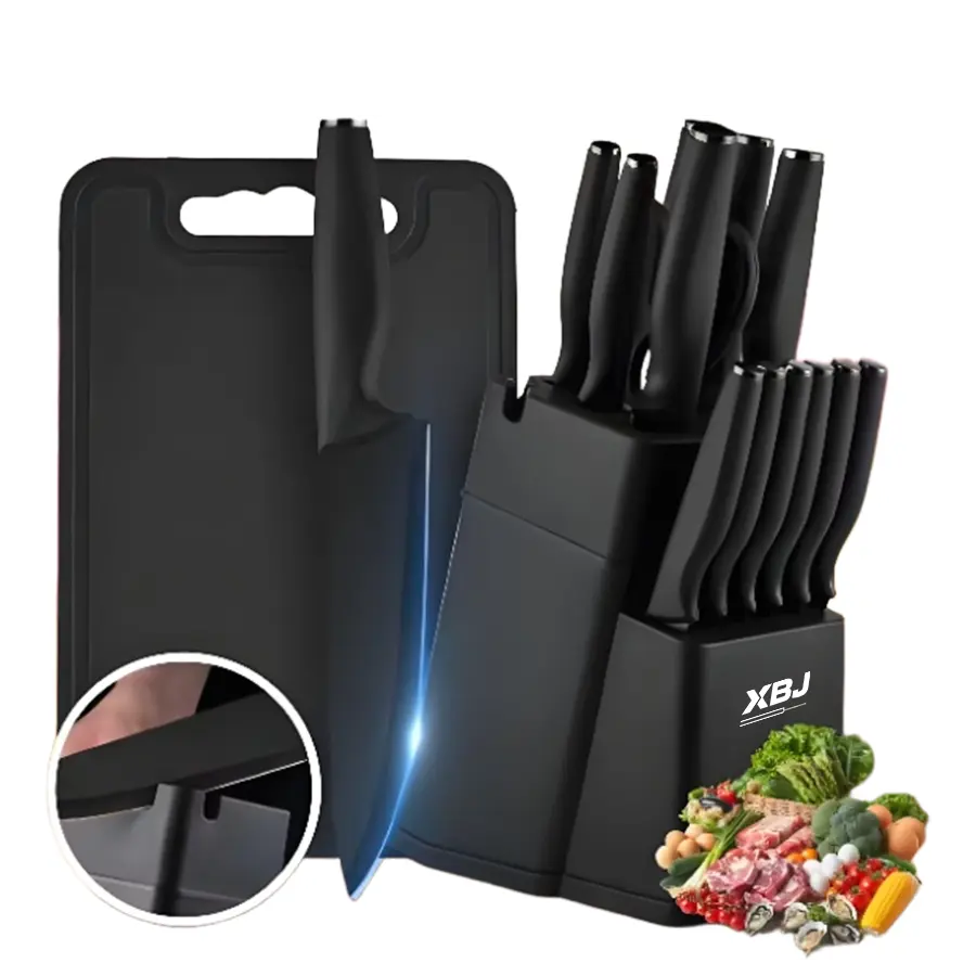 XBJ Premium 15-Piece Stainless Steel Kitchen Knife Set with Built-in Sharpener | Includes Chef Knife, Japanese Knife, Meat Cleaver, Bread Knife, Steak Knives & Scissors | Washable, Plastic Handles | Perfect Gift Set Utensils Block Black Cutting, Washable