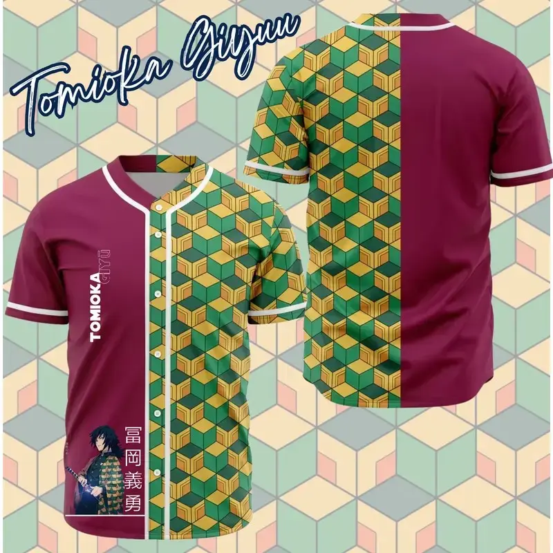 Demon Slayer Giyuu Tomioka Anime Baseball Jersey - Premium Breathable Button Up Cosplay Shirt, High-Definition Sublimation Print, Soft Streetwear Fashion Outfit, Perfect Otaku Fan Gift