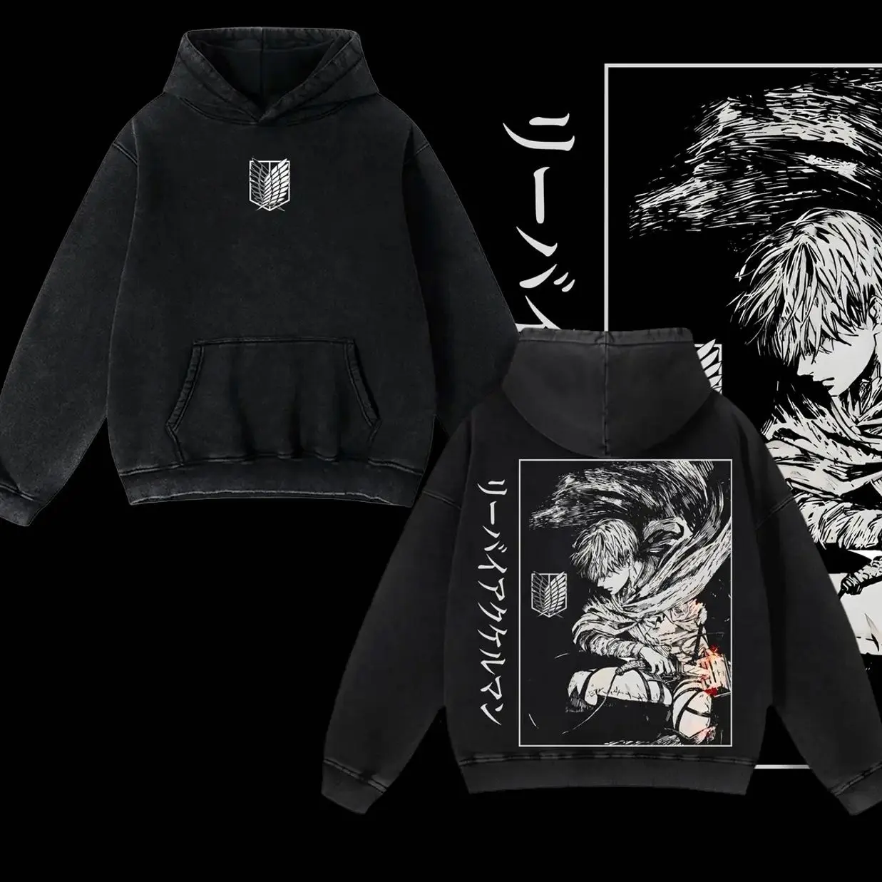 Levi Ackerman Anime Hoodie – Retro Vintage Oversized Washed Heavyweight Cotton Hoodie, Attack on Titan Merch, Levi Ackerman Graphic Tees, Anime Fans ICN