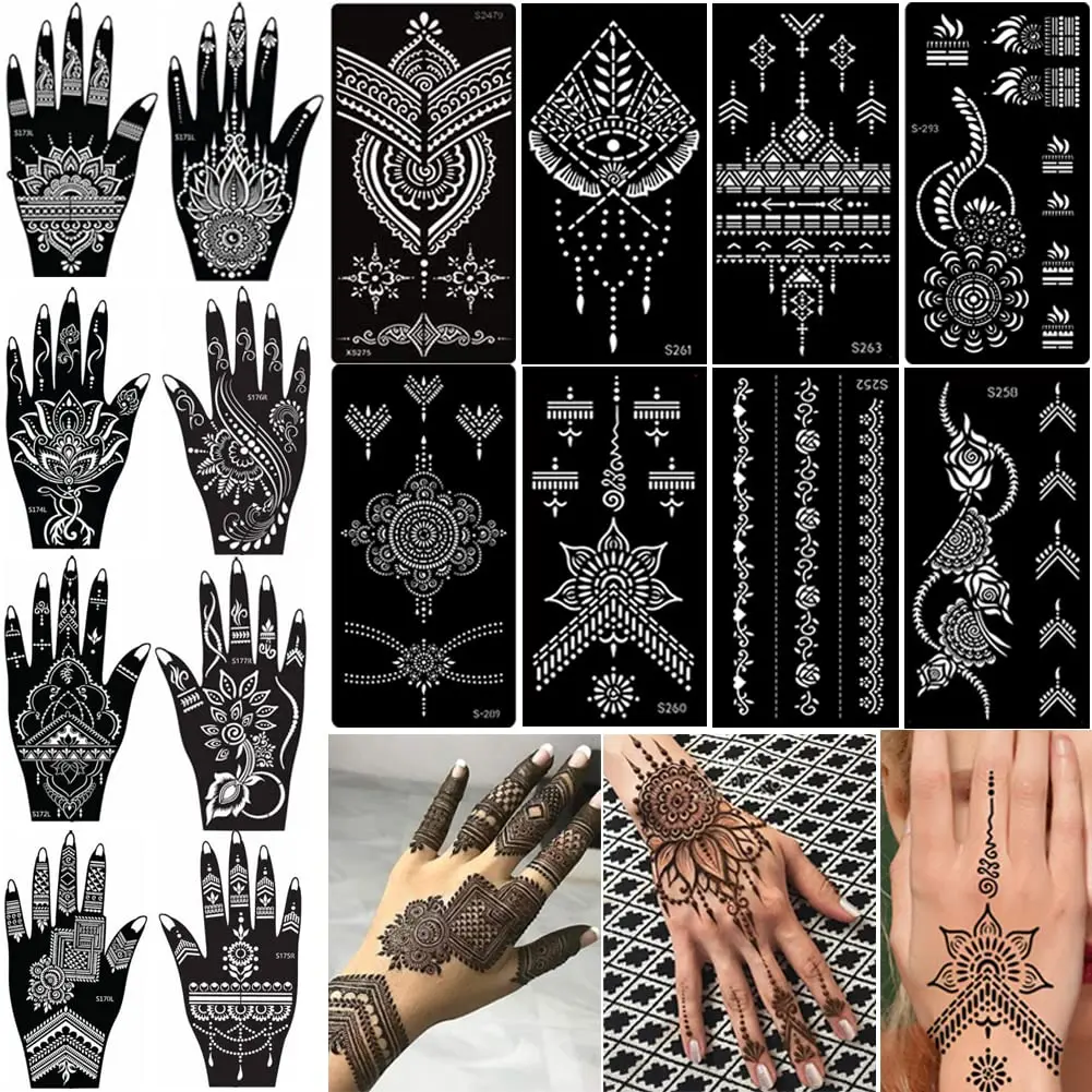 16 Sheets Temporary   Tattoo Kit, Reusable Tattoo Stencils Sets Indian Arabian Temporary Tattoo Templates Kit for Body Hand Art
