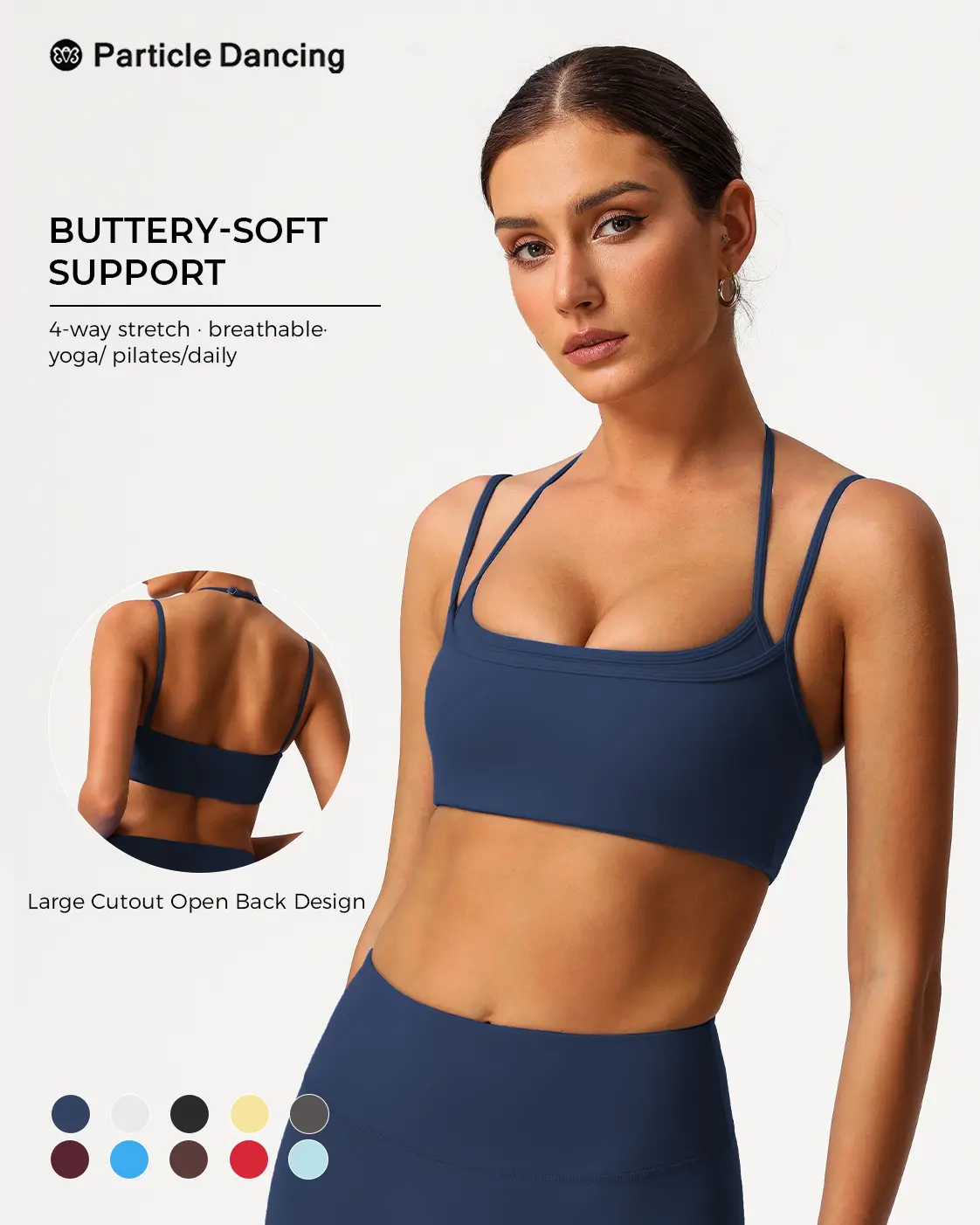 Women’s Strappy Open Back Sports Bra, Buttery Soft Light Support Yoga Bra Top, 4-Way Stretch Low Impact Workout Crop Top for Pilates, Gym & Clean Girl Athleisure