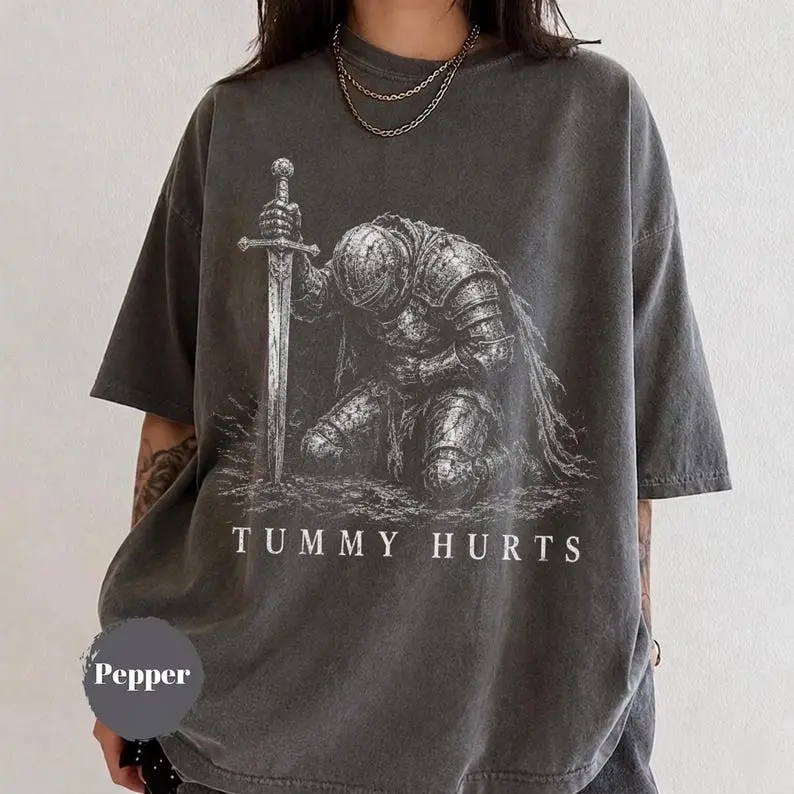 Comfort Colors Tummy Hurts Knight Shirt, Funny Fantasy Meme Tee, Retro Dark Humor Graphic T-Shirt, Gamer Girl Gift, Medieval Adventure Apparel