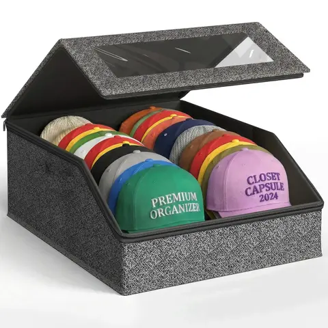 Baseball Hat Storage Box, Organiser, Holds Up to 24 Hats, Dust-Proof Transparent Window, Hollow Board Support, Flip Cover Access, Dark, Cap Organizer Storage, Dustproof Storage Box