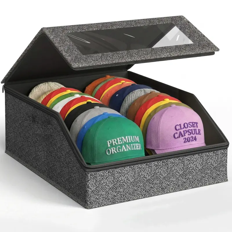 Baseball Hat Storage Box, Organiser, Holds Up to 24 Hats, Dust-Proof Transparent Window, Hollow Board Support, Flip Cover Access, Dark, Cap Organizer Storage, Dustproof Storage Box