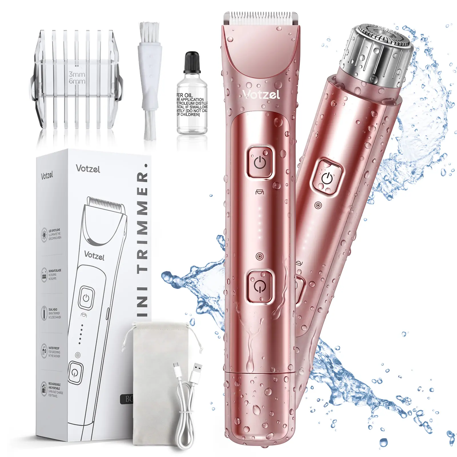 Bikini Trimmer for Women, Dual-Head All-in-One Electric Razors, Painless Electric Razors for Silk Skin, Rechargeable Body Hair Trimmer Electric Shaver for Legs Body Hair, Cordless Waterproof, Pink Rechargeable  Trimmer And Shaver