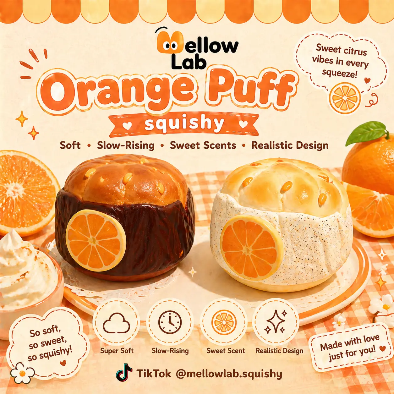Mellow Lab x Sweetbuns Slow Rising Squishies, Orange Cream Puff Stress Relief Toy, 108g with Sweet Bakery Scent, Cream Puffs