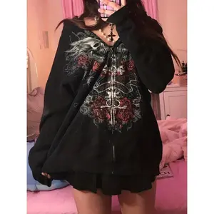 Y2K Skull & Floral Print Hoodie, Zip Up Long Sleeve Sweatshirt With Pocket, Women's Clothing Can be used with raincoat