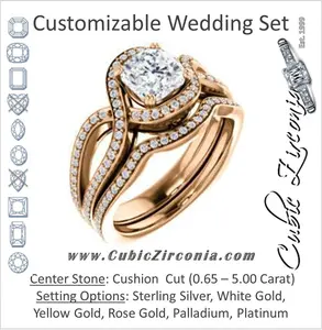 CZ Wedding Set, featuring The Goldie engagement ring (Customizable Cushion Cut Center with Twisty Split-Pavé Band and Artisan Halo)