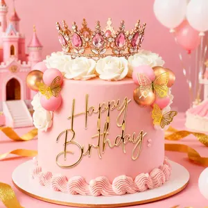 Pink Crown Cake Topper, Gold Balls Cake Decor, Gold Butterfly Sign & Birthday Candles for Birthday, Baby Shower (Home & Festive Party Supplies)
