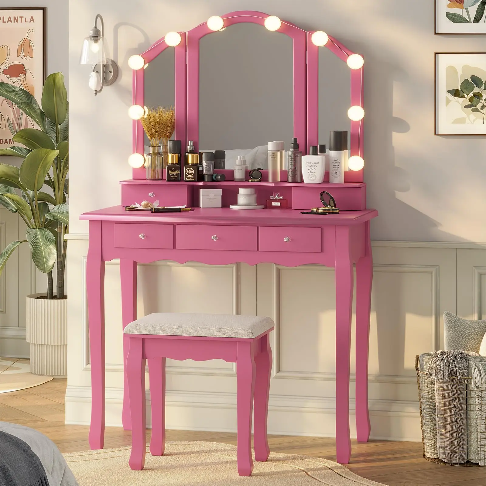 SIKAIC 2-in-1 Makeup Vanity with Mirror and 10 LED Bulbs, Vanity Dresser with 3 Drawers, Storage Shelves and Stool