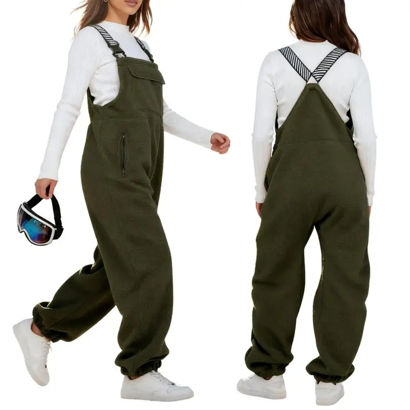 Ommig Women's Sherpa Overall Pants - Basic, Casual, Cute, Plain Fleece-Lined Sleeveless Overalls with Adjustable Straps, Roomy Pockets for Winter Ski Use, Pocket Pants, Fleece Fabric Pants