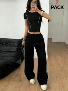 Women's Casual Sports Activewear Set, Slim Fit Color Block Round Neck T-Shirt and Wide Leg Pants Two-Piece, Daily Wear, Outdoor Travel, Spring Summer, Stretchable Activewear, Workout Set