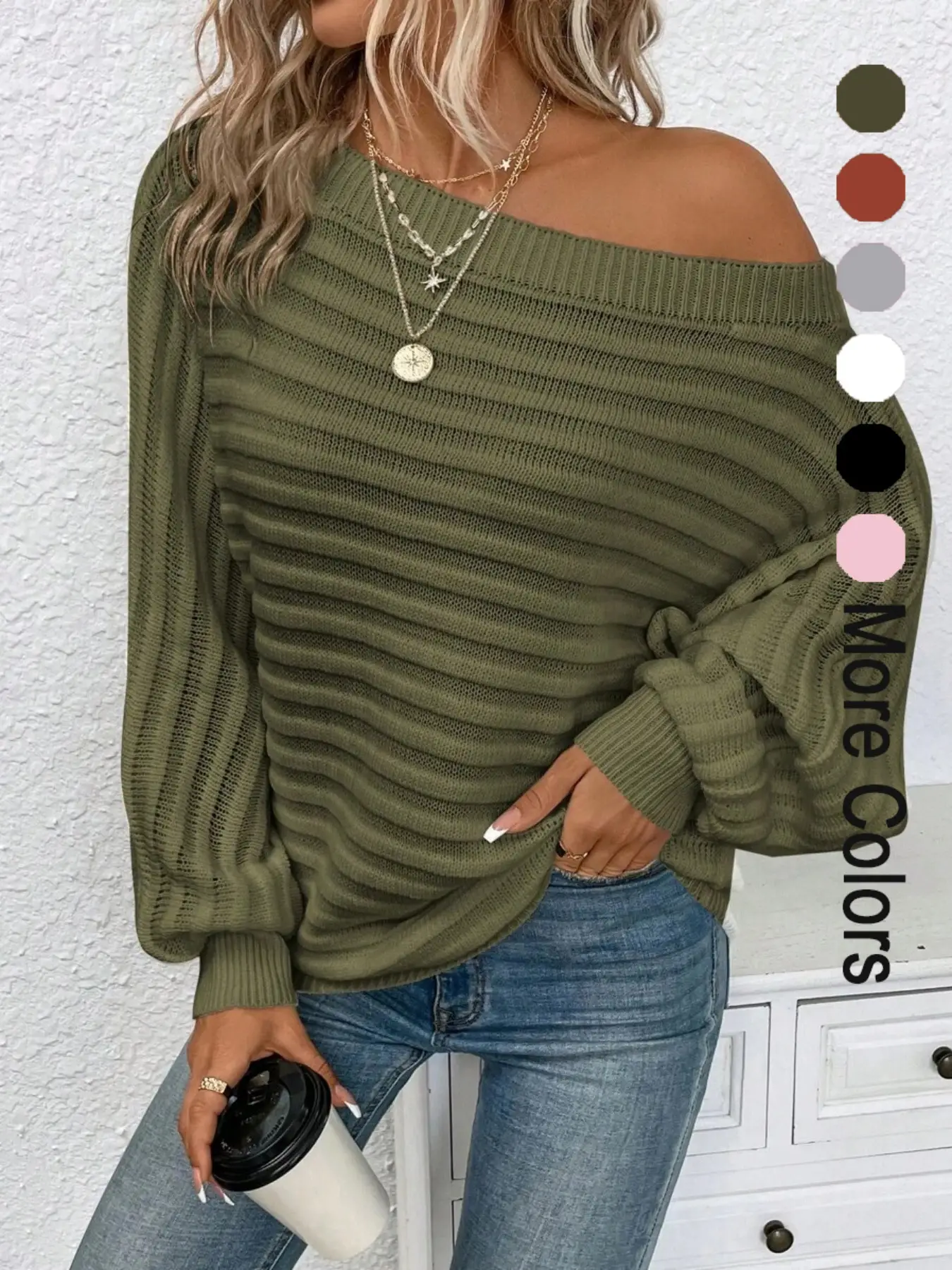 Women's Textured Asymmetrical Neck Sweater, Casual Long Sleeve Batwing Sleeve Jumper for Daily Outdoor Wear, Ladies Knit Top for All Seasons