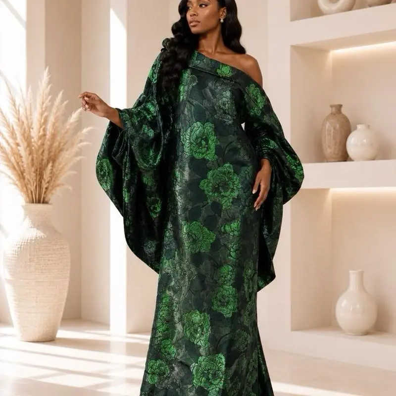 Women's Modest Islamic 1-Shoulder Alaoma Monostrap Mikado Boubou Kaftan - Green Premium Silk/Brocade Maxi Dress, Asymmetrical Design, Regal Silhouette, All Seasons, 1 Size, Elegant Floral Print, For Weddings & Luxury Events, Wedding