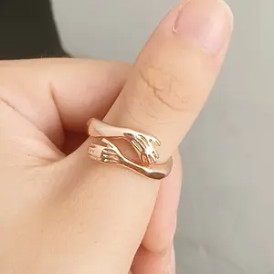 Unisex Adjustable Open Ring - Aileen New Minimalist Embrace Hands Design, Personalized Artificial Gemstone Jewelry, Everyday Wear Accessory