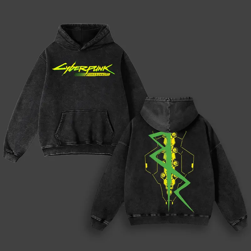 Cyberpunk Sandevistan Netrunner Hoodie, Spinal Tattoo EdgeRunners Unisex Tee Washed Heavyweight Cotton, Gamer Cyberpunk 2077 Streetwear.