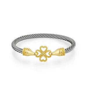Aprilery Two-Tone Twisted Cable Cuff Jewelry – Adjustable Wire Bracelet with Hook Clasp for Women