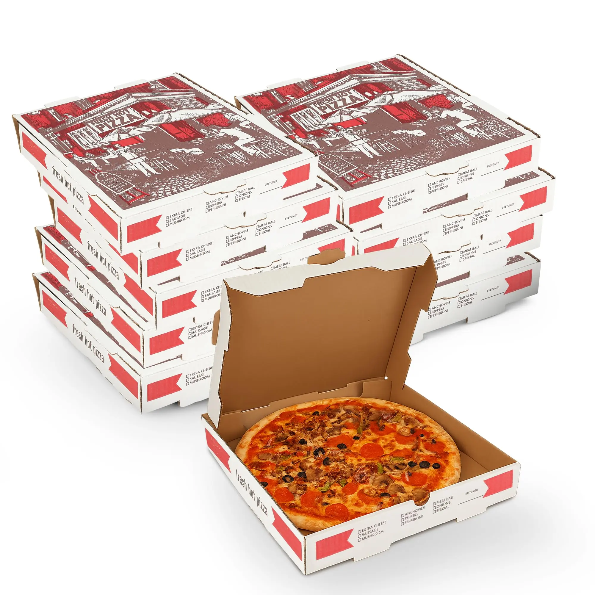 MT Products Sturdy Kitchen White-Red Corrugated B-Flute Cardboard Pizza Boxes - Empty, Made in the USA, Home