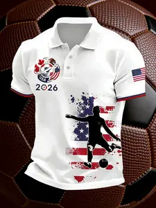 Men's Casual Sports Short Sleeve, 2026 Football & American Flag Pattern, Polyester Fabric, Breathable Regular Fit, Athletic Top, Athletic Training Apparel