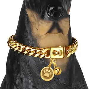 Cuban Link Dog Collar Gold Chain Dog Collar 10mm with Secure Snap, Bell & Dog Tag Stainless Steel Metal Dog Chain Collars for Puppy Small Medium Large Dogs