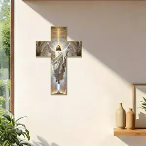 Jesus Resurrection Wooden Cross Wall Hanging | Easter Themed Religious Decor with Gold Accents | Artistic Wooden Cross for Easter Home Decoration | Meaningful Easter Gift for Believers | Symbolic Decoration Wooden Cross Decorations