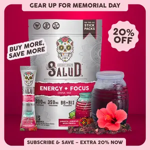 Salud 2-in-1 [Energy + Focus – Jamaica | Hibiscus] Clean Energy Drink Mix, Agua Fresca, Organic Caffeine, B6 & B12, L-Theanine, Drink Packets, Non-GMO, Gluten Free, Vegan, Low Calorie, 1g Sugar (15 Servings)