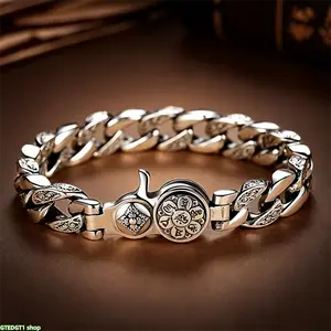 Unisex S925 Silver Good Luck Rotating Mantra Cuban Link Bracelet, Retro Silver Cloud Engraved Protective Jewelry For Daily And Street Wear