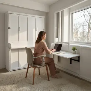 Queen Size Vertical Murphy Bed with Desk, Wood Wall Bed Cabinet with Gas Struts, Space Saving Hidden Platform Bed, Multifunctional Folding Bed with Storage Shelf, Modern Home Office Furniture (White)#Summer Wins#Fathersdaygift