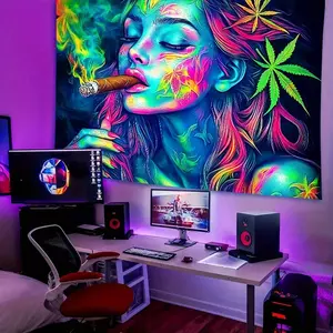 Fluorescent UV Black Light Print Tapestry - Lightweight Polyester Goddess Design with Green Leaves, Machine Washable Home Decor Wall Hanging for Living Rooms, Party Events, Includes Free Accessories, As Show