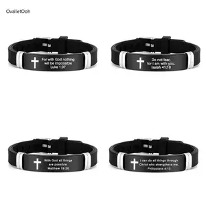 Inspirational Bible Verse Cross Bracelet, Christian Faith Silicone Stainless Steel Adjustable Wristband, Religious Gifts for Men Women Couples & Family