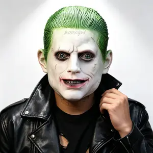 Full head latex mask for pale skin with slicked-back green hair and scar markings; creepy dark-themed headgear for TikTok horror skits and jump scare pranks