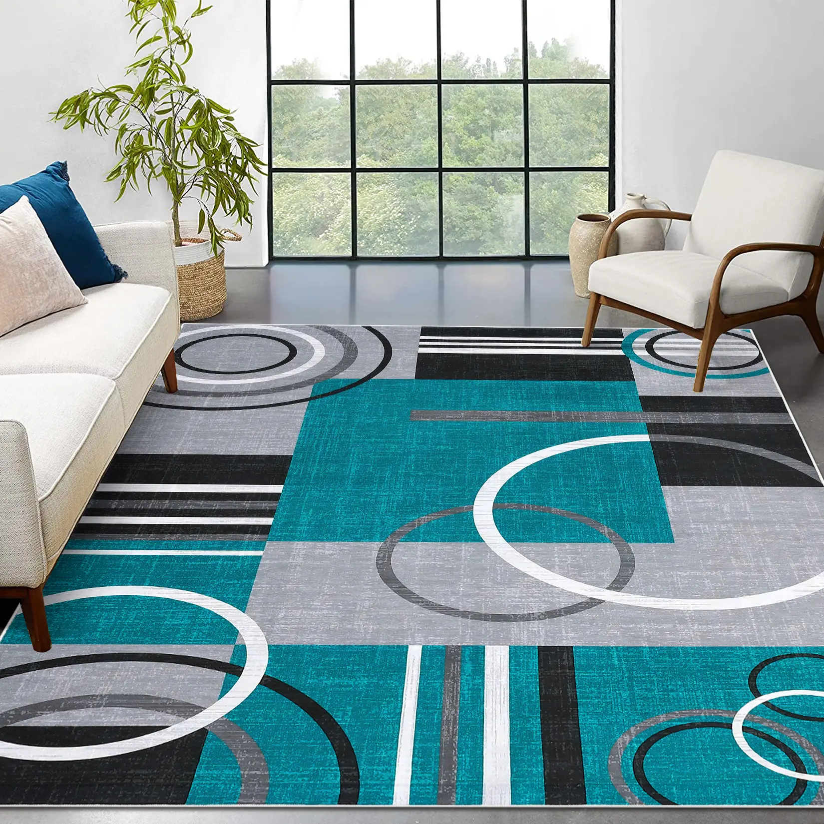 Washable Modern Geometric Area Rug for Living Room, Ultra Thin Low Pile Floor Rugs Soft Non Slip Bedroom Rug Stain Resistant Large Under Table Carpet for Dining Room Office