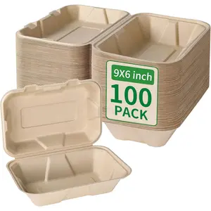 Compostable 100 Pack 9x6 Inch Takeout Lunch Box Containers with Lid To Go Take Out Clamshell for , Disposable  Biodegradable Bagasse, -Free, Brown