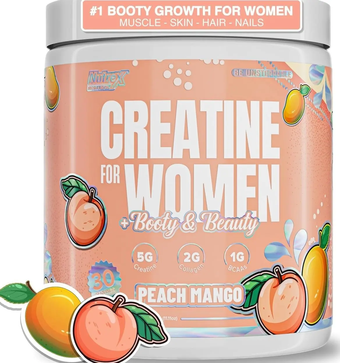 Nutrex Research Creatine for Women Booty & Beauty – Peach Manago | 5g Creatine, 2g Collagen, BCAAs & Hyaluronic Acid for Glutes, Strength & Skin | Gluten Free, 30 Servings