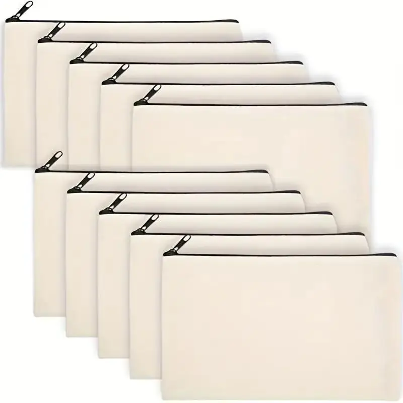Blank Canvas Zipper Pouch, 10pcs/set Bulk Makeup Organizer Pouch, Makeup Organiser, Makeup Bag, Travel Makeup Pouch, Cosmetic Pouches, Pencil Case Storage for Cosmetic & DIY Crafts, Office Stationery & Supplies