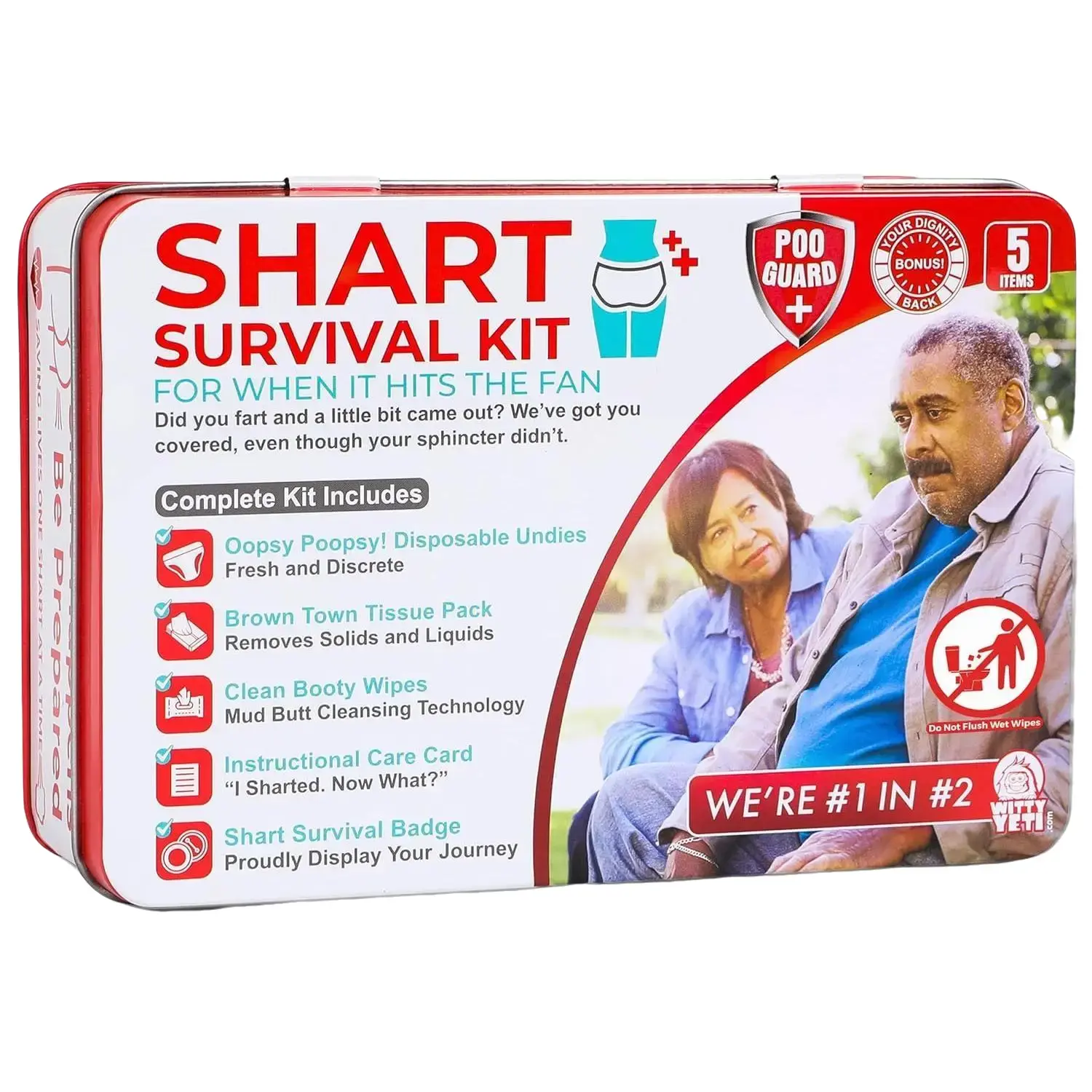 Funny Shart Survival Kit by Witty Yeti. Ultimate Poop Prank Gag Gift Set Contains Wet Wipes, Disposable Underwear, Tissues and Hilarious Badge. Novelty Fart Potty Pack Great for Friends or Family survival kit