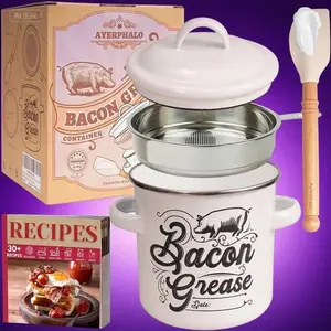 46OZ Large Capacity Grease Keeper with Strainer - Enamel Drippings Container, Dishwasher Safe, Includes Silicone Wooden Spatula, Farmhouse Kitchen Decor, Rustproof and Leakproof Design